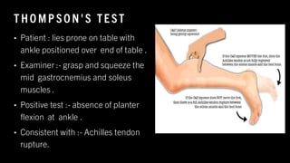 T HO MP SO N'S TE ST
• Patient : lies prone on table with
ankle positioned over end of table .
• Examiner :- grasp and squeeze the
mid gastrocnemius and soleus
muscles .
• Positive test :- absence of planter
flexion at ankle .
• Consistent with :- Achilles tendon
rupture.
8
/
1
/
2
0
2
4
42
 