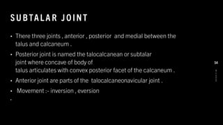 SU BTAL A R J O INT
• There three joints , anterior , posterior and medial between the
talus and calcaneum .
• Posterior joint is named the talocalcanean or subtalar
joint where concave of body of
talus articulates with convex posterior facet of the calcaneum .
• Anterior joint are parts of the talocalcaneonavicular joint .
• Movement :- inversion , eversion
•
8
/
1
/
2
0
2
4
54
 