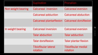 Supination Pronation
Non weight bearing Calcaneal inversion Calcaneal eversion
Calcaneal adduction Calcaneal abduction
Calcaneal plantarflexion Calcaneal dorsiflexion
In weight bearing Calcaneal inversion Calcaneal eversion
Talar abduction Talar adduction
Talar dorsiflexion Talar plantar flexion
Tibiofibular lateral
rotation
Tibiofibular medial
rotation
8
/
1
/
2
0
2
4
71
 