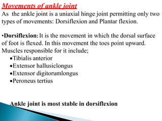 Movements of ankle joint
As the ankle joint is a uniaxial hinge joint permitting only two
types of movements: Dorsiflexion and Plantar flexion.
•Dorsiflexion: It is the movement in which the dorsal surface
of foot is flexed. In this movement the toes point upward.
Muscles responsible for it include;
Tibialis anterior
Extensor hallusiclongus
Extensor digitorumlongus
Peroneus tertius
Ankle joint is most stable in dorsiflexion
 