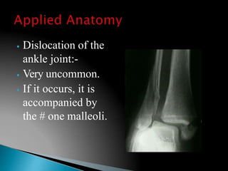 ⦁ Dislocation of the
ankle joint:-
⦁ Very uncommon.
⦁ If it occurs, it is
accompanied by
the # one malleoli.
 