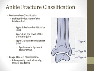 Ankle Fracture Classification
• Danis-Weber Classification
  • Defined by location of the
    fracture line

      • Type A: below the tibiotalar
        joint
      • Type B: at the level of the
        tibiotalar joint
      • Type C: above the tibiotalar
        joint
         • Syndesmotic ligament
           compromise

• Lauge-Hansen Classification
   • Infrequently used, clinically;
     mostly academic
 