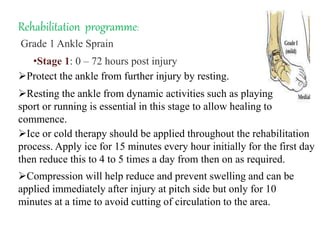 Rehabilitation programme:
Grade 1 Ankle Sprain
•Stage 1: 0 – 72 hours post injury
Protect the ankle from further injury by resting.
Resting the ankle from dynamic activities such as playing
sport or running is essential in this stage to allow healing to
commence.
Ice or cold therapy should be applied throughout the rehabilitation
process. Apply ice for 15 minutes every hour initially for the first day
then reduce this to 4 to 5 times a day from then on as required.
Compression will help reduce and prevent swelling and can be
applied immediately after injury at pitch side but only for 10
minutes at a time to avoid cutting of circulation to the area.
 