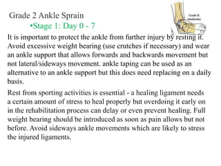 Grade 2 Ankle Sprain
•Stage 1: Day 0 - 7
It is important to protect the ankle from further injury by resting it.
Avoid excessive weight bearing (use crutches if necessary) and wear
an ankle support that allows forwards and backwards movement but
not lateral/sideways movement. ankle taping can be used as an
alternative to an ankle support but this does need replacing on a daily
basis.
Rest from sporting activities is essential - a healing ligament needs
a certain amount of stress to heal properly but overdoing it early on
in the rehabilitation process can delay or even prevent healing. Full
weight bearing should be introduced as soon as pain allows but not
before. Avoid sideways ankle movements which are likely to stress
the injured ligaments.
 