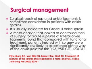  Surgical repair of ruptured ankle ligaments is
sometimes considered in patients with ankle
sprains.
 It is Usually indicated for Grade III ankle sprain
 A meta-analysis that looked at controlled trials
of surgery for acute ruptures of lateral ankle
ligaments found that compared with functional
treatment, patients treated with surgery were
significantly less likely to experience giving-way
of the ankle (relative risk 0.23, 95% CI 0.17-0.31).
Pijnenburg AC, Van Dijk CN, Bossuyt PM, Marti RK. Treatment of
ruptures of the lateral ankle ligaments: a meta-analysis. J Bone
Joint Surg Am 2000; 82:761
 