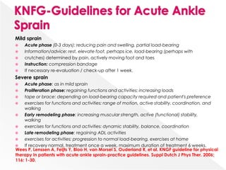 Mild sprain
 Acute phase (0-3 days): reducing pain and swelling, partial load-bearing
 Information/advice: rest, elevate foot, perhaps ice, load-bearing (perhaps with
 crutches) determined by pain, actively moving foot and toes
 Instruction: compression bandage
 If necessary re-evaluation / check-up after 1 week.
Severe sprain
 Acute phase: as in mild sprain
 Proliferation phase: regaining functions and activities; increasing loads
 tape or brace: depending on load-bearing capacity required and patient's preference
 exercises for functions and activities: range of motion, active stability, coordination, and
walking
 Early remodeling phase: increasing muscular strength, active (functional) stability,
walking
 exercises for functions and activities: dynamic stability, balance, coordination
 Late remodeling phase: regaining ADL activities
 exercises for activities: progression to normal load-bearing, exercises at home
 If recovery normal, treatment once a week, maximum duration of treatment 6 weeks.
Wees P, Lenssen A, Feijts Y, Bloo H, van Morsel S, Ouderland R, et al. KNGF guideline for physical
therapy in patients with acute ankle sprain-practice guidelines. Suppl Dutch J Phys Ther. 2006;
116: 1-30.
 