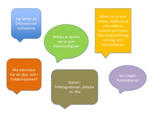 Jag tänker på
Odysseus och
cykloperna
Många av djuren
ser ut som
Pokemonfigurer
Statyer:
frihetsgudinnan, jätteJes
us i Rio
Båten ser ut som
Titanic, bilderna på
människorna
ombord som bilder
från emigrantfartyg
som jag sett i
historieböcker
Alla människor
har ett djur, som i
Guldkompassen?
Van Goghs
Potatisätarna!
 