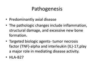 Pathogenesis
• Predominantly axial disease
• The pathologic changes include inflammation,
structural damage, and excessive new bone
formation.
• Targeted biologic agents- tumor necrosis
factor (TNF)-alpha and interleukin (IL)-17,play
a major role in mediating disease activity.
• HLA-B27
 