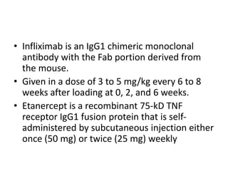 • Infliximab is an IgG1 chimeric monoclonal
antibody with the Fab portion derived from
the mouse.
• Given in a dose of 3 to 5 mg/kg every 6 to 8
weeks after loading at 0, 2, and 6 weeks.
• Etanercept is a recombinant 75-kD TNF
receptor IgG1 fusion protein that is self-
administered by subcutaneous injection either
once (50 mg) or twice (25 mg) weekly
 