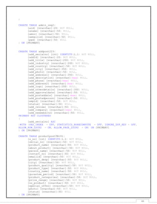 44
)
CREATE TABLE admin_reg2(
[aid] [nvarchar](20) NOT NULL,
[aname] [nvarchar](50) NULL,
[amno] [nvarchar](50) NULL,
[aemailid] [nvarchar](50) NULL,
[pwd] [nvarchar](50) NULL
) ON [PRIMARY]
CREATE TABLE addpost223(
[add_serialno] [int] IDENTITY(1,1) NOT NULL,
[addid] [nvarchar](20) NOT NULL,
[add_title] [nvarchar](200) NOT NULL,
[add_industry] [nvarchar](200) NOT NULL,
[add_country] [nvarchar](50) NOT NULL,
[add_city] [nvarchar](350) NULL,
[add_photo] [nvarchar](50) NULL,
[add_address1] [nvarchar](350) NULL,
[add_description] [nvarchar](max) NULL,
[add_phone] [nvarchar](max) NULL,
[add_address2] [nvarchar](max) NULL,
[add_logo] [nvarchar](100) NULL,
[add_otherdetails] [nvarchar](350) NULL,
[add_approvaldate] [nvarchar](50) NULL,
[add_posteddate] [nvarchar](max) NULL,
[add_postedperson] [nvarchar](50) NULL,
[empid] [nvarchar](50) NOT NULL,
[status] [nvarchar](50) NULL,
[add_review] [nvarchar](50) NULL,
[add_company] [nvarchar](max) NULL,
[add_neewebsite] [nvarchar](50) NULL,
PRIMARY KEY CLUSTERED
(
[add_serialno] ASC
)WITH (PAD_INDEX = OFF, STATISTICS_NORECOMPUTE = OFF, IGNORE_DUP_KEY = OFF,
ALLOW_ROW_LOCKS = ON, ALLOW_PAGE_LOCKS = ON) ON [PRIMARY]
) ON [PRIMARY]
CREATE TABLE productpostTB191(
[s_no] [int] IDENTITY(1,1) NOT NULL,
[serial_no] [nvarchar](50) NOT NULL,
[product_name] [nvarchar](50) NOT NULL,
[about_product] [nvarchar](50) NOT NULL,
[person_name] [nvarchar](50) NOT NULL,
[contact_no] [nvarchar](50) NOT NULL,
[emailid] [nvarchar](50) NOT NULL,
[product_desp] [nvarchar](50) NOT NULL,
[city] [nvarchar](50) NOT NULL,
[product_quality] [nvarchar](50) NOT NULL,
[product_type] [nvarchar](50) NOT NULL,
[country_name] [nvarchar](50) NOT NULL,
[gurantee_period] [nvarchar](50) NOT NULL,
[product_categories] [nvarchar](50) NOT NULL,
[price_range] [nvarchar](50) NOT NULL,
[no_product] [nvarchar](50) NOT NULL,
[special_offer] [nvarchar](50) NOT NULL,
[photo] [nvarchar](50) NOT NULL,
[status] [nvarchar](50) NULL
) ON [PRIMARY]
 