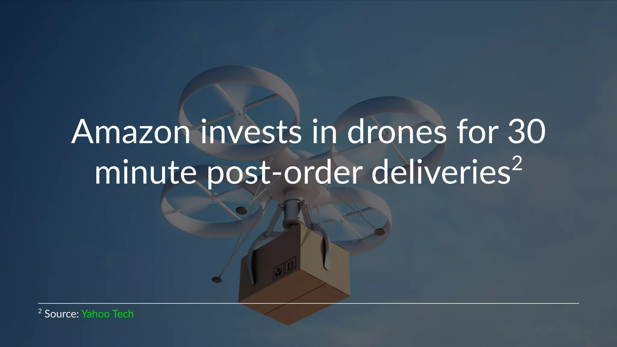 Amazon'invests'in'drones'for'30'
minute'post4order'deliveries2
2
"Source:"Yahoo"Tech"