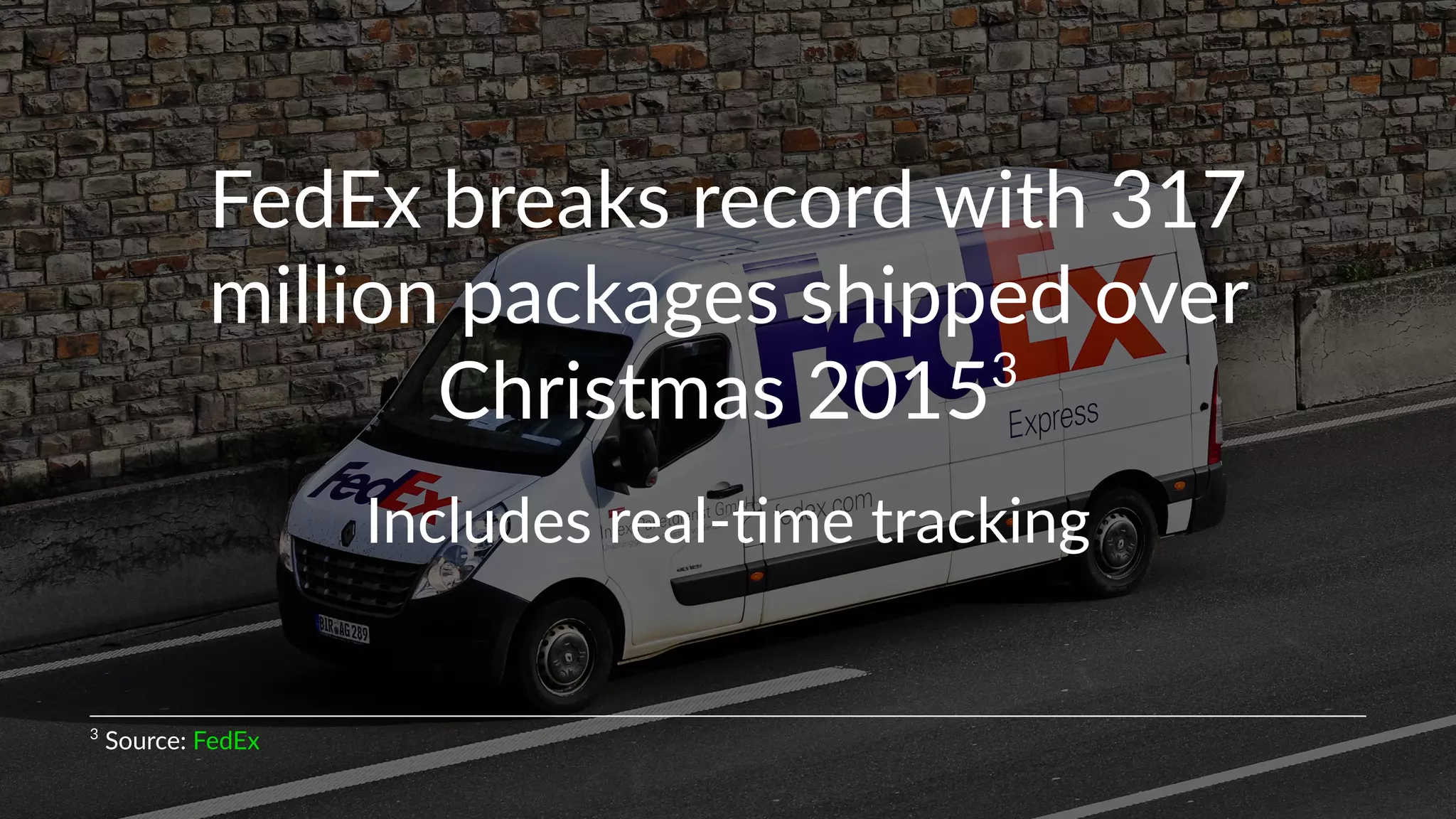 FedEx&breaks&record&with&317&
million&packages&shipped&over&
Christmas&20153
Includes)real,-me)tracking
3
"Source:"FedEx