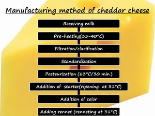 Manufacturing method of cheddar cheese
Receiving milk
Pre-heating(35-40°C)
Filtration/clarification
Standardization
Pasteurization (63°C/30 min.)
Addition of starter(ripening at 31°C)
Addition of color
Adding rennet (renneting at 31°C)
 