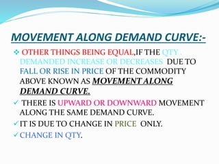 MOVEMENT ALONG DEMAND CURVE:-
 OTHER THINGS BEING EQUAL,IF THE QTY .
DEMANDED INCREASE OR DECREASES DUE TO
FALL OR RISE IN PRICE OF THE COMMODITY
ABOVE KNOWN AS MOVEMENT ALONG
DEMAND CURVE.
 THERE IS UPWARD OR DOWNWARD MOVEMENT
ALONG THE SAME DEMAND CURVE.
IT IS DUE TO CHANGE IN PRICE ONLY.
CHANGE IN QTY.
 