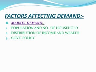 FACTORS AFFECTING DEMAND:-
B. MARKET DEMAND:-
1. POPULATION AND NO. OF HOUSEHOLD
2. DISTRIBUTION OF INCOME AND WEALTH
3. GOVT. POLICY
 