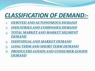 CLASSIFICATION OF DEMAND:-
1. DERIVED AND AUTONOMOUS DEMAND
2. INDUSTRIES AND COMPANIES DEMAND
3. TOTAL MARKET AND MARKET SEGMENT
DEMAND
4. INDIVIDUAL AND MARKET DEMAND
5. LONG TERM AND SHORT TERM DEMAND
6. PRODUCERS GOODS AND CONSUMER GOODS
DEMAND
 
