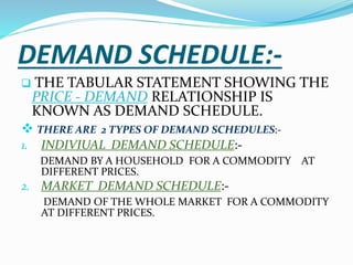 DEMAND SCHEDULE:-
 THE TABULAR STATEMENT SHOWING THE
PRICE - DEMAND RELATIONSHIP IS
KNOWN AS DEMAND SCHEDULE.
 THERE ARE 2 TYPES OF DEMAND SCHEDULES:-
1. INDIVIUAL DEMAND SCHEDULE:-
DEMAND BY A HOUSEHOLD FOR A COMMODITY AT
DIFFERENT PRICES.
2. MARKET DEMAND SCHEDULE:-
DEMAND OF THE WHOLE MARKET FOR A COMMODITY
AT DIFFERENT PRICES.
 