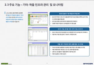 14
2.3주요기능–기타:하둡인프라관리 및모니터링
ankus에서는웹인터페이스를통하
여하둡분석작업을워크플로우기반으
로관리할수있으며,HDFS내의분산
파일관리및하둡작업의수행/종료상
황을모니터링할수있습니다.
웹워크플로우기반하둡분석작업관리
 웹브라우저에서드래그앤드롭을통하여분석알고리즘을선택하고,분석작업
의수행워크플로우를설계
 분석알고리즘의상세파라미터설정을위한인터페이스
 설계된작업의저장/로드및하둡클러스터연동실행
데이터 파일 관리를 위한 HDFS 파일 브라우저
 윈도우파일브라우저와동일한UI/UX를통한HDFS내파일관리인터페이스
 파일복사,이동,변경,업로드,다운로드,삭제등의관리
하둡 분석 작업에 대한 실행/종료 모니터링
 대시보드를통한실행/종료및실패등하둡작업의수행상황을모니터링
 하둡작업에대한수행일자,소요시간,진행비율등을확인
 날짜또는워크플로우이름을통하여수행작업검색
 에러및실행로그확인및분석
 