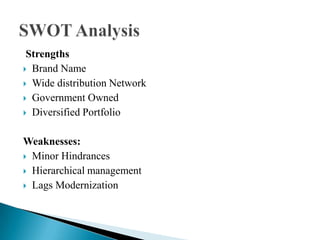  StrengthsBrand NameWide distribution NetworkGovernment OwnedDiversified PortfolioWeaknesses:Minor HindrancesHierarchical managementLags ModernizationSWOT Analysis