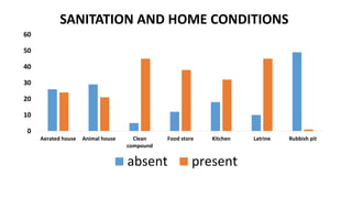 0
10
20
30
40
50
60
Aerated house Animal house Clean
compound
Food store Kitchen Latrine Rubbish pit
SANITATION AND HOME CONDITIONS
absent present
 