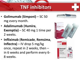 ProPowerPoint.Ru
TNF inhibitors
• Golimumab (Simponi) – SC 50
mg every month.
• Adalimumab (Humira,
Exemptia) – SC 40 mg 1 time per
2 weeks.
• Infliximab (Remicade, Remsima,
Inflectra) – IV drop 5 mg/kg
once, repeat in 2 weeks, then –
in 6 weeks and perform every 6-
8 weeks.
 