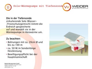 Weider Wärmepumpen GmbH
Oberer Achdamm 4, A-6971 Hard
Telefon 05574/ 73 2 00
www.weider.co.at
Sole-Wärmepumpe mit Tiefensonde
Die in der Tiefensonde
zirkulierende Sole (Wasser-
/Frostschutzgemisch) nimmt die
Erdreich gespeicherte
auf und wandelt sie in der
Wärmepumpe in Heizwärme um.
Zu beachten:
• Bohrungen mit ca. 20cm Ø und
bis zu 100 m
• ca. 50 W/m Sondenlänge
Heizleistung
• Bewilligungspflicht bei der
hauptmannschaft
 