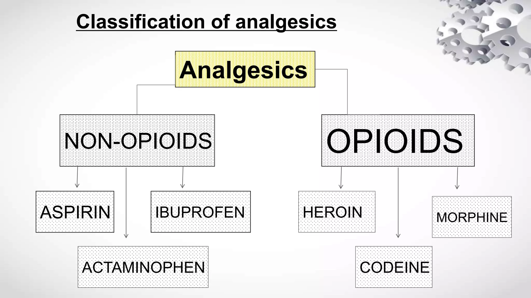 Classification of analgesics
Analgesics
NON-OPIOIDS
HEROIN
CODEINE
MORPHINE
ACTAMINOPHEN
ASPIRIN IBUPROFEN
OPIOIDS
 
