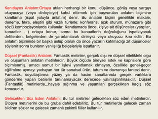 Kanıtlayıcı Anlatım:Ortaya atılan herhangi bir konu, düşünce, görüş veya yargıyı
okuyucuya (veya dinleyiciye) kabul ettirmek için başvurulan anlatım biçimine
kanıtlama (ispat yoluyla anlatım) denir. Bu anlatım biçimi genellikle makale,
deneme, fıkra, eleştiri gibi yazılı türlerle; konferans, açık oturum, münazara gibi
sözlü kompozisyonlarda kullanılır. Kanıtlamada önce, kişiye ait düşünceler (yargılar,
kanaatler ...) ortaya konur, sonra bu kanaatlerin doğruluğunu ispatlayacak
delillerden, belgelerden de yararlanılarak dinleyici veya okuyucu ikna edilir. Bu
anlatım biçiminde bir başka üslûp olarak da önce yazarın katılmadığı zıt düşünceler
söylenir sonra bunların yanlışlığı belgeleriyle ispatlanır.

Düşsel (Fantastik) Anlatım: Fantastik metinler, gerçek dışı ve düşsel nitelikteki olgu
ve oluşumları anlatan metinlerdir. Büyük ölçüde bireysel istek ve kaprislere göre
biçimlenmiş, amacı somut bir işlevi yanıtlamak olmayan, özellikle genel-geçer
eğilimlere uymayı yadsıyan her tür sanatsal ürün, tutum ve davranışa fantezi denir.
Fantastik, soyutlaştırma yüzey ya da hacim sanatlarında gerçek varlıklara
gönderme yapan betilerin tanınamayacak derecede yalınlaştırılmasıdır. Düşsel
(Fantastik) metinlerde,..hayale sığınma ve yaşanılan gerçeklikten kaçış söz
konusudur.

Gelecekten Söz Eden Anlatım: Bu tür metinler gelecekten söz eden metinlerdir.
Ütopya metinlerini de bu gruba dahil edebiliriz. Bu tür metinlerde gelecek zaman
bildiren sözler ve gelecek zamanlı çekimli fiiller kullanılır.
 