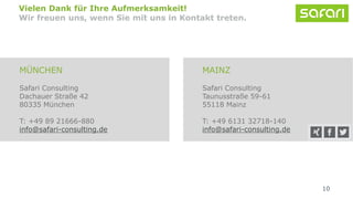 MÜNCHEN
Safari Consulting
Dachauer Straße 42
80335 München
T: +49 89 21666-880
info@safari-consulting.de
MAINZ
Safari Consulting
Taunusstraße 59-61
55118 Mainz
T: +49 6131 32718-140
info@safari-consulting.de
10
Vielen Dank für Ihre Aufmerksamkeit!
Wir freuen uns, wenn Sie mit uns in Kontakt treten.
 