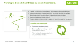 • Erstelle Kundenprofile mit Hilfe der demographischen Informationen.
• Identifiziere Muster und Auffälligkeiten durch die gezielte Suche nach
Gemeinsamkeiten, Unterschieden, Häufigkeiten, Reihenfolgen.
• Identifiziere kausale Beziehungen.
• Vergleiche Deine Erkenntnisse mit Deinen zuvor formulierten Annahmen.
9
Verknüpfe Deine Erkenntnisse zu einem Gesamtbild.
1
2
3
4
5
Handele und wiederhole.
• Verfeinere Deine Annahmen.
• Optimiere Deinen Prototyp – oder
verändere ihn radikal.
• Führe weitere Interviews und lerne
von potenziellen Kunden.
Safari Consulting – info@safari-consulting.de
 