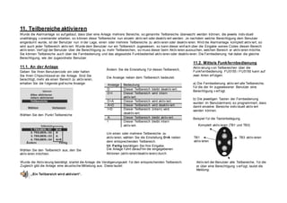 Anzeige Bedeutung
D Dieser Teilbereich bleibt deaktiv iert.
D>I Dieser Teilbereich wird intern
aktiv iert.
D>A Dieser Teilbereich wird aktiv iert.
A>D Dieser Teilbereich wird deaktiv iert.
I>D Dieser Teilbereich (intern) wird
deaktiv iert.
A Dieser Teilbereich bleibt aktiv iert.
I Dieser Teilbereich bleibt intern
aktiv iert.
11. Teilbereiche aktivieren
Wurde die Alarmanlage so auf gebaut, dass über eine Anlage mehrere Bereiche, so genannte Teilbereiche überwacht werden können, die jeweils indiv iduell
unabhängig v oneinander arbeiten, so können diese Teilbereiche nun einzeln aktiv iert oder deaktiv iert werden. Je nachdem welche Berechtigung dem Benutzer
eingeräumt wurde, ist der Benutzer nun in der Lage, einen oder mehrere Teilbereiche zu aktiv ieren oder deaktiv ieren. Wird die Alarmanlage komplett aktiv iert, so
wird auch jeder Teilbereich aktiv iert. Wurde dem Benutzer nur ein Teilbereich zugewiesen, so kann dieser einf ach über die Eingabe seines Codes diesen Bereich
aktiv ieren. Verf ügt der Benutzer über die Berechtigung zu mehr Teilbereichen, so muss dieser beim Aktiv ieren aussuchen, welchen Bereich er aktiv ieren möchte.
Sie können Teilbereiche auch über die Fernbedienung und das abgesetzte Funkbedienteil aktiv ieren oder deaktiv ieren. Die Fernbedienung hat dabei die gleiche
Berechtigung, wie der zugeordnete Benutzer.
11.1. An der Anlage
Geben Sie Ihren Benutzercode ein oder halten
Sie Ihren Chipschlüssel an die Anlage. Sind Sie
berechtigt, mehr als einen Bereich zu aktiv ieren,
erhalten Sie die f olgende graf ische Anzeige:
Wählen Sie den Punkt Teilbereiche
Ändern Sie die Einstellung f ür diesen Teilbereich,
Die Anzeige neben dem Teilbereich bedeutet:
11.2. Mittels Funkfernbedienung
Aktiv ierung v on Teilbereichen über die
Funkf ernbedienung FU5155 / FU5150 kann auf
zwei Arten erf olgen:
a) Die Fernbedienung aktiv iert alle Teilbereiche,
f ür die der ihr zugewiesener Benutzer eine
Berechtigung v erf ügt.
b) Die jeweiligen Tasten der Fernbedienung
wurden im Benutzermenü so programmiert, dass
damit einzelne Bereiche indiv iduell aktiv iert
werden können.
Beispiel f ür die Tastenbelegung.
Komplett aktiv ieren (TB1 und TB3)
Wählen Sie den Teilbereich aus, den Sie
aktiv ieren möchten.
Um einen oder mehrere Teilbereiche zu
aktiv ieren, wählen Sie die Einstellung D>A neben
dem entsprechenden Teilbereich.
Mit Fertig bestätigen Sie Ihre Eingabe.
Die Anlage f ührt darauf hin die eingegebenen
Aktionen (aktiv ieren/deaktiv ieren) durch.
TB1
aktiv ieren
TB3 aktiv ieren
Wurde die Aktiv ierung bestätigt, startet die Anlage die Verzögerungszeit f ür den entsprechenden Teilbereich.
Zugleich gibt die Anlage eine akustische Mitteilung aus. Diese lautet:
„Ein Teilbereich wird aktiviert“.
Aktiv iert der Benutzer alle Teilbereiche, f ür die
er über eine Berechtigung v erf ügt, lautet die
Meldung:
 