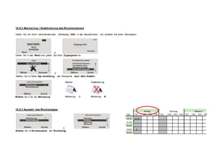 18.9.2 Aktivierung / Deaktivierung des Wochenplaners
Gehen Sie mit Ihrem Administratorcode (Werkseitig 1234) in das Benutzermenü und erstellen Sie einen Wochenplan
Æ
Gehen Sie in das Menü und geben Sie Ihren Zugangsode ein.
Æ
Wählen Sie im Menü Sys.-einstellung, den Menüpunkt Auto Aktiv./Deaktiv.
W ählen Sie J für die Aktivierung
Aktiviert
Aktivierung J
Deaktivierung
XAktivierung N
18.9.3 Auswahl des Wochentages
Æ
Montag Dienstag Mittwoch
Zeit TB1 TB2 TB3 TB4 TB1 TB2 TB3 TB4 TB1 TB2 TB3 TB
00:00 00:00
01:00
02:00
03:00 A
W ählen Sie im W ochenplaner den W ochentag.
04:00
 