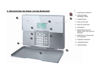 4. Übersicht über die Anlage und das Bedienfeld
1 – Chipschlüssel-Lesebereich
2 – Graf ische Anzeige
Mehrzeiliges Display
3 – Integrierte Sirene
4 – Taste zum Aktiv ieren
5 – Taste zum Deaktiv ieren
6 – Kontrolltasten
7 – Bedienf eldalarmtasten f ür
Überf all, Feuer, med. Notruf und
Altennotruf
8 – Bedienf eld zum Programmieren
der Funkzentrale
9 – Integrierter Lautsprecher
10 – Integriertes Mikrof on
11 – Bedienf eldklappe
 