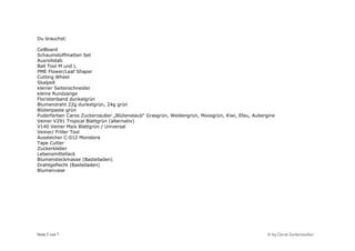 Du brauchst:

CelBoard
Schaumstoffmatten Set
Ausrollstab
Ball Tool M und L
PME Flower/Leaf Shaper
Cutting Wheel
Skalpell
kleiner Seitenschneider
kleine Rundzange
Floristenband dunkelgrün
Blumendraht 22g dunkelgrün, 24g grün
Blütenpaste grün
Puderfarben Caros Zuckerzauber „Blütenstaub“ Grasgrün, Weidengrün, Moosgrün, Kiwi, Efeu, Aubergine
Veiner V291 Tropical Blattgrün (alternativ)
V140 Veiner Mais Blattgrün / Universal
Veiner/ Friller Tool
Ausstecher C-012 Monstera
Tape Cutter
Zuckerkleber
Lebensmittellack
Blumensteckmasse (Bastelladen)
Drahtgeflecht (Bastelladen)
Blumenvase




Seite 2 von 7                                                                                  © by Caros Zuckerzauber
 