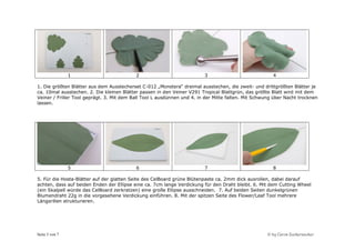 1                          2                             3                             4

1. Die größten Blätter aus dem Ausstecherset C-012 „Monstera“ dreimal ausstechen, die zweit- und drittgrößten Blätter je
ca. 10mal ausstechen. 2. Die kleinen Blätter passen in den Veiner V291 Tropical Blattgrün, das größte Blatt wird mit dem
Veiner / Friller Tool geprägt. 3. Mit dem Ball Tool L ausdünnen und 4. in der Mitte falten. Mit Schwung über Nacht trocknen
lassen.




                5                          6                             7                             8

5. Für die Hosta-Blätter auf der glatten Seite des CelBoard grüne Blütenpaste ca. 2mm dick ausrollen, dabei darauf
achten, dass auf beiden Enden der Ellipse eine ca. 7cm lange Verdickung für den Draht bleibt. 6. Mit dem Cutting Wheel
(ein Skalpell würde das CelBoard zerkratzen) eine große Ellipse ausschneiden. 7. Auf beiden Seiten dunkelgrünen
Blumendraht 22g in die vorgesehene Verdickung einführen. 8. Mit der spitzen Seite des Flower/Leaf Tool mehrere
Längsrillen strukturieren.




Seite 3 von 7                                                                                        © by Caros Zuckerzauber
 