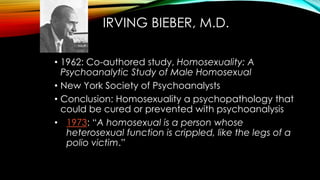 DR. FRANK S. CAPRIO
• Psychoanalyst
• 1954, Homosexuality: A Psychodynamic
Study of Lesbianism
“Lesbianism is a symptom, a...