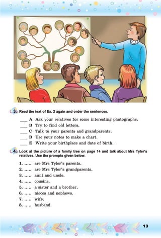 o . •
O O o
3. Read the text of Ex. 2 again and order the sentences.
___ A Ask your relatives for some interesting photographs.
___ B Try to find old letters.
___ C Talk to your parents and grandparents.
___ D Use your notes to make a chart.
___ E W rite your birthplace and date of birth.
4. Look at the picture of a family tree on page 14 and talk about Mrs Tyler’s
relatives. Use the prompts given below.
1....... are Mrs Tyler’s parents.
2 ..... are Mrs Tyler’s grandparents.
3 ..... aunt and uncle.
4 ..... cousins.
5 ..... a sister and a brother.
6 ..... nieces and nephews.
7 ..... wife.
8 ..... husband.
o O, 13
o
 