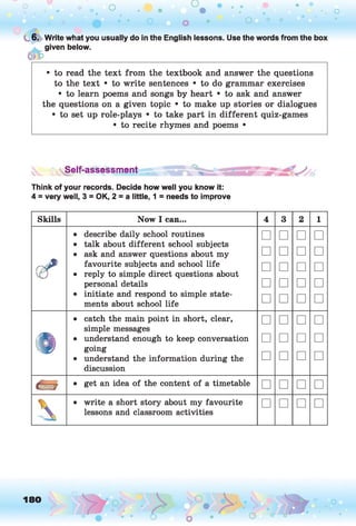 o o
o
t 6. Write what you usually do in the English lessons. Use the words from the box
given below.
&
• to read the text from the textbook and answer the questions
to the text • to write sentences • to do grammar exercises
• to learn poems and songs by heart • to ask and answer
the questions on a given topic • to make up stories or dialogues
• to set up role-plays • to take part in different quiz-games
• to recite rhymes and poems •
Think of your records. Decide how well you know it:
4 = very well, 3 = OK, 2 = a little, 1 = needs to improve
ySelf-assessment
Skills Now I can... 4 3 2 1
*
• describe daily school routines
• talk about different school subjects
• ask and answer questions about my
favourite subjects and school life
• reply to simple direct questions about
personal details
• initiate and respond to simple state­
ments about school life
□
□
□
□
□
□
□
□
□
□
□
□
□
□
□
□
□
□
□
□
•
• catch the main point in short, clear,
simple messages
• understand enough to keep conversation
going
• understand the information during the
discussion
□
□
□
□
□
□
□
□
□
□
□
□
• get an idea of the content of a timetable □ □ □ □
 • write a short story about my favourite
lessons and classroom activities
□ □ □ □
180
 
