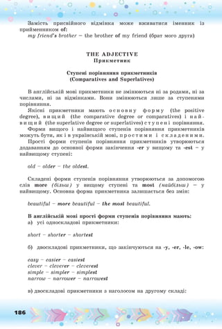 Замість присвійного відмінка може вживатися іменник із
прийменником of:
ту friend’s brother — the brother of my friend (брат мого друга)
В англійській мові прикметники не змінюються ні за родами, ні за
числами, ні за відмінками. Вони змінюються лише за ступенями
порівняння.
Якісні прикметники мають о с н о в н у фо р м у (the positive
degree), в и щи й (the comparative degree or comparatives) і н а й ­
в и щ и й (the superlative degree or superlatives) с т у п е н і порівняння.
Форми вищого і найвищого ступенів порівняння прикметників
можуть бути, як і в українській мові, п р о с т и м и і с к л а д е н и м и .
Прості форми ступенів порівняння прикметників утворюються
додаванням до основної форми закінчення -ег у вищому та -est - у
найвищому ступені:
old - older - the oldest.
Складені форми ступенів порівняння утворюються за допомогою
слів more (більш ) у вищому ступені та most (найбільш ) — у
найвищому. Основна форма прикметника залишається без змін:
beautiful - more beautiful - the most beautiful.
В англійській мові прості форми ступенів порівняння мають:
а) усі односкладові прикметники:
short - shorter - shortest
б) двоскладові прикметники, що закінчуються на -у, -er, -le, -ow:
easy - easier - easiest
clever - cleverer - cleverest
simple - simpler - simplest
narrow - narrower - narrowest
в) двоскладові прикметники з наголосом на другому складі:
T H E A D J E C T I V E
Пр икметник
Ступені порівняння прикметників
(Com paratives and Superlatives)
186
 