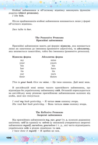 о о о
•. о
Особові займенники в об’єктному відмінку виконують функцію
додатка (object pronouns).
I like him.
Після прийменників особові займенники вживаються лише у формі
об’єктного відмінка.
Dan talks to her.
The Possessive Pronouns
Присвійні займенники
Присвійні займенники мають дві форми: відносну, яка вживається
лише як означення до іменника (possessive adjectives), та абсолютну,
яка вживається самостійно, тобто без іменника (possessive pronouns).
Відносна форма Абсолютна форма
т у mine
your yours
his his
her hers
its its
our ours
their theirs
This is your book. Give me mine. - Це твоя книжка.
В англійській мові немає такого присвійного займенника, що
відповідав би українському займеннику свій. Останній перекладається
на англійську мову різними присвійними займенниками залежно від
особи, якої він стосується:
I read ту book yesterday. — Я читав свою книжку вчора.
She read her book yesterday. — Вона читала свою книжку вчора.
The Reflexive Pronouns
Зворотні займенники
Від присвійних займенників ту, our, your і т. д. шляхом додавання
закінчень -self (в однині) та -selves (у множині) утворюються зворотні
займенники myself, ourselves, yourselves і т. д., які часто відповідають
українським себе в різних відмінках та сам.
I have done it myself. — Я зробив це сам.
190 о
О О о
 