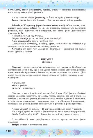 here, there, above, downstairs, outside, where - зазвичай вживаються
на початку або в кінці речення.
Не was not at school yesterday. - Його не було у школі вчора.
Tomorrow we have six lessons. - Завтра ми маємо шість уроків.
Adverbs of Frequency (прислівники частотності): often, never, ever,
always, sometimes, seldom та ін., як правило, вживаються всередині
речення, між підметом та присудком, або після форм допоміжного
дієслова to be.
I sometimes visit my friends.
Do you usually go to the library on Saturday?
I am occasionally good at w riting test.
Прислівники normally, usually, often, sometimes та occasionally
можуть також вживатися на початку речення.
Normally we have five lessons on Thursday. - Зазвичай ми маємо
п’ять уроків у четвер.
THE VERB
Дієслово
Дієслово —це частина мови, яка означає дію предмета. Особливістю
англійської мови є те, що в ній дуже легко можна утворити дієслова
практично від будь-якого іменника, назви предмета чи явища. Для
цього часто достатньо додати перед словом службову частину мови -
частку to.
Наприклад:
work —робота
to work —працювати
Дієслово в англійській мові має особові й неособові форми. Особові
форми дієслова вказують на особу, число, спосіб, час дії і стан. До
особових належать форми дієслова в трьох особах однини і множини,
в усіх часах активного і пасивного стану, в дійсному і наказовому
способах. Ці форми дієслів вживаються в реченні в ролі присудка.
I study English at school. - Я вивчаю англійську мову у школі.
We study English at school. - Ми вивчаємо англійську мову у школі.
Study English at school! - Вивчайте англійську мову у школі.
В англійській мові розрізняють чотири групи часових форм
дієслова:
Simple Tenses - неозначені часи
 