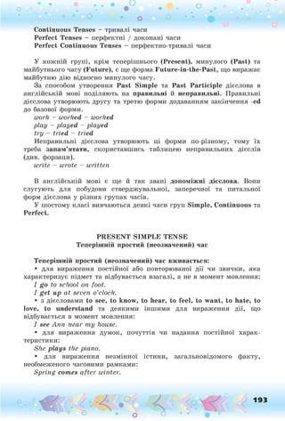 Continuous Tenses - тривалі часи
Perfect Tenses - перфектні / доконані часи
Perfect Continuous Tenses - перфектно-тривалі часи
У кожній групі, крім теперішнього (Present), минулого (P a s t) та
майбутнього часу (F u tu re), є ще форма Future-in-the-Past, що виражає
майбутню дію відносно минулого часу.
За способом утворення Past Sim ple та Past Participle дієслова в
англійській мові поділяють на правильні й неправильні. Правильні
дієслова утворюють другу та третю форми додаванням закінчення -ed
до базової форми.
w ork - w orked - w orked
p la y - p la y e d - p la y e d
try - trie d - trie d
Неправильні дієслова утворюють ці форми по-різному, тому їх
треба запам ’ятати, скориставшись таблицею неправильних дієслів
(див. форзаци).
w rite - w rote - w ritte n
В англійській мові є ще й так звані допоміжні дієслова. Вони
слугують для побудови стверджувальної, заперечної та питальної
форм дієслова у різних групах часів.
У шостому класі вивчаються деякі часи груп Sim ple, Continuous та
Perfect.
P R E S E N T S IM P L E T E N S E
Теперішній простий (неозначений) час
Теперіш ній простий (неозначений) час вживається:
• для вираження постійної або повторюваної дії чи звички, яка
характеризує підмет та відбувається взагалі, а не в момент мовлення:
I go to school on foot.
I g e t u p a t seven o’clock.
• з дієсловами to see, to know, to hear, to feel, to w ant, to hate, to
love, to understand та деякими іншими для вираження дії, що
відбувається в момент мовлення:
I see A n n n e a r т у house.
• для вираження думок, почуттів чи надання постійної харак­
теристики:
She p la y s the piano.
• для вираження незмінної істини, загальновідомого факту,
необмеженого часовими рамками:
S p rin g comes a fte r w in ter.
193
 