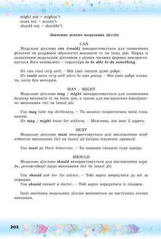 о о о
•. о
might not = mightn’t
must not = mustn’t
should not = shouldn’t
Значення деяких модальних дієслів
CAN
Модальне дієслово can (could) використовується для позначення
ф ізичної чи розум ової здат ност і виконати ту чи іншу дію. Поряд із
зазначеним модальним дієсловом у різних часових формах використо­
вується його еквівалент - структура to be able to do something.
H e can read very well. - Він уміє читати дуже добре.
Н е could sw im very w ell when he was young. - Він умів добре плава­
ти, коли був молодим.
MAY / MIGHT
Модальне дієслово тау / might використовується для позначення
дозволу виконати ту чи іншу дію, а також для висловлення ймовірнос­
т і виконання тієї чи іншої дії:
Y ou may take т у d ictio n ary. - Ти можеш скористатися моїм слов­
ником.
Н е тау / might know h er address. - Можливо, він знає її адресу.
MUST
Модальне дієслово must використовується для висловлення необ­
хід но ст і виконання тієї чи іншої дії (згідно існуючих правил):
Y ou must go there tom orrow . - Ти повинен сходити туди завтра.
SHOULD
Модальне дієслово should використовується для висловлення пора­
ди, р еко м е н д а ц ії щодо виконання тієї чи іншої дії:
Y ou should ask h er fo r advice. - Тобі варто звернутися до неї за
порадою.
Y ou should consult a doctor. - Тобі варто порадитися із лікарем.
Інші значення модальних дієслів вивчаються на наступних етапах
навчання.
 