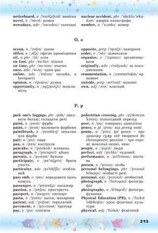о . •
О
О о
о о о о о
noticeboard, n /'nautgS.baid/ вивіска
novel, п /'naval/ роман
nowadays, adv /'nauadeiz/ сьогодні
nuclear accident, phr /'nju:klia 'reksi-
dant/ ядерна катастрофа
number, n /'плшЬэ/ номер
О, о
ocean, n /'aufan/ океан
office, n /,D
f|s/ офісне приміщення
oil, її phr /oil/ олія
on foot, phr /an fu:t/ пішки
on time, phr /an taim/ вчасно
once, adv /wAns/ один раз
online, adv /'anlain/ онлайн, в
Інтернеті
opinion, n /a'pinjan/ думка
opportunity, її /.apgtjuingti/ можли­
вість
opposite, prep /'apazgt/ навпроти
order, v /'ada/ замовляти
organize, v /'a:ganaiz/ організову­
вати
originally, adv /а'гкізіпаїі/ за похо­
дженням
ornamentation, n /,a:nameriteijan/ ор­
намент
outside, prep /aut'said/ назовні
own, adj /аші/ власний
Р, Р
pack one’s luggage, phr /рзгк/ паку­
вати багаж; складати речі
paint, її /peint/ фарба
paint, v /peint/ малювати фарбами
paintbrush, п /'peintbrAj/ пензлик
для фарби
pair, п /реа/ пара
pan, п /ргеп/ каструля
pancake, п /'ргепкеїк/ млинець
paragraph, п /'preragra:f/ абзац
parents, п /'pearant/ батьки
participate, v /pa/tisJpeit/ брати
участь
particular, adv /pa'tikjgb/ особли­
вий
pass smb, v /pa:s/ передавати щось
комусь
passenger, n /'presind3a/ пасажир
passion, n /'prejan/ пристрасть
passport, ii /'pa:spa:t/ паспорт
pasta, ii /'psesta/ паста, макарони
patient, adj /'peijant/ терплячий
pavement, n /'peivmant/ тротуар
pay, v /реї/ платити
pedestrian crossing, phr /pedestrian
'krosip/ пішохідний перехід
peer, n /ріа/ товариш; одноліток
репсе, її pi /pens/ від репну пенс
penny, п /'репі/ {рі репсе - про
грошову суму від twopence до
elevenpence; pennies - про окре­
мі монети) пенні, пенс
people, п /'рііраї/ люди
perfect, adj /'p3:fikt/ чудовий
performance, п /pa'fa:mans/ виста­
ва
person, п /'p3:san/ особа
personal belongings, phr /'p3:sanal
Ьі'іщцщ/ особисті речі
personal, adj /'p3:sanal/ особистий
photograph, n /'fautagra:f/ фотогра­
фія
photography, n /fa'tografi/ фотогра­
фування
Physical Education (PE), n /'fizikal
'edjukeijan/ урок фізичної куль­
тури
physical, adj /'fizikal/ фізичний
^ ' Я Щ “
о
 
