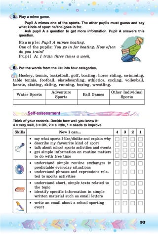 C 5. Play a mime game.
Pupil A mimes one of the sports. The other pupils must guess and say
what kinds of sport he/she goes in for.
Ask pupil A a question to get more information. Pupil A answers this
question.
E xam ple: Pupil A mimes boating.
One of the pupils: You go in for boating. How often
do you train?
P u p il A: I train three times a week.
6. Put the words from the list into four categories.
Hockey, tennis, basketball, golf, boating, horse riding, swimming,
table tennis, football, skateboarding, athletics, cycling, volleyball,
karate, skating, skiing, running, boxing, wrestling.
Water Sports
Adventure
Sports
Ball Games
Other Individual
Sports
ySelf-assessment
Think of your records. Decide how well you know it:
4 = very well, 3 = OK, 2 = a little, 1 = needs to improve
Skills Now I can... 4 3 2 1
eT
• say what sports I like/dislike and explain why
• describe my favourite kind of sport
• talk about school sports activities and events
• get simple information on routine matters
to do with free time
□
□
□
□
□
□
□
□
□
□
□
□
□
□
□
□
• understand simple routine exchanges in
predictable everyday situations
• understand phrases and expressions rela­
ted to sports activities
□
□
□
□
□
□
□
□
«
• understand short, simple texts related to
the topic
• identify specific information in simple
written material such as email letters
□
□
□
□
□
□
□
□

• write an email about a school sporting
event
□ □ □ □
93
 