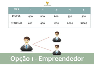MES

1

2

3

4

5

INVEST.

1400

600

600

550

500

RETORNO

400

400

1200

6000

18000

Credenciado
Empreendedor

Micro-Empreendedor

Opção 1 - Empreendedor

 