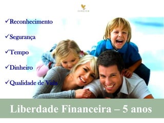 Reconhecimento
Segurança
Tempo
Dinheiro
Qualidade de Vida

Liberdade Financeira – 5 anos

 