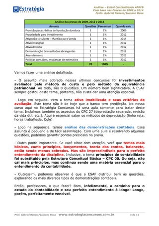 Análise – Edital Contabilidade AFRFB
Com base nas Provas de 2009 a 2014
Profs. Gabriel Rabelo/Luciano Rosa
Prof. Gabriel Rabelo/Luciano Rosa www.estrategiaconcursos.com.br 3 de 11
Análise das provas de 2009, 2012 e 2014
Assunto Questões Percentual Quando caiu
Provisão para créditos de liquidação duvidosa 1 1% 2009
Propriedade para investimento 1 1% 2012
Ativo não circulante - Mantido para Venda 1 1% 2014
Ativo intangível 1 1% 2012
Ativo diferido 1 1% 2012
Demonstração de resultados abrangentes 1 1% 2012
Arrendamento 1 1% 2012
Políticas contábeis, mudanças de estimativa 1 1% 2012
Total 70 100% -
Vamos fazer uma análise detalhada:
- O assunto mais cobrado nesses últimos concursos foi investimentos
avaliados pelo método de custo e pelo método da equivalência
patrimonial. Ao todo, são 8 questões. Um número bem significativo. A ESAF
sempre gostou deste tema, portanto, não custa dar uma atenção especial.
- Logo em seguida, vem o tema ativo imobilizado e seus critérios de
avaliação. Este tema não é de hoje que a banca tem predileção. No nosso
curso aqui no Estratégia Concursos há uma aula somente para tratar deste
tema. Incluímos também os aspectos do CPC 27 (depreciação separada, revisão
da vida útil, etc.). Aqui é essencial saber os métodos de depreciação (linha reta,
horas trabalhada, Cole)
- Logo na sequência, temos análise das demonstrações contábeis. Esse
assunto é pequeno e de fácil assimilação. Com uma aula e resolvendo algumas
questões, podemos garantir pontos preciosos na prova.
- Outro ponto importante. Se você olhar com atenção, verá que temas mais
básicos, como princípios, lançamentos, teoria das contas, balancete,
estão sendo menos cobrados. Mas são imprescindíveis para o perfeito
entendimento da disciplina. Inclusive, o tema princípios de contabilidade
foi substituído pela Estrutura Conceitual Básica – CPC 00. Ou seja, não
cai mais princípios, mas continua sendo uma matéria essencial para o
entendimento da contabilidade.
- Outrossim, podemos observar é que a ESAF distribui bem as questões,
explorando os mais diversos tipos de demonstrações contábeis.
Então, professores, o que fazer? Bom, infelizmente, o caminho para o
estudo da contabilidade e seu perfeito entendimento é longo! Longo,
porém, perfeitamente vencível.
 