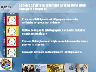 Do ponto de vista de se ter uma direção, rumo ou um norte para a empresa. Processos: Definição de estratégia para contemplar melhorias nos processos no futuro. Gestão: Definição de estratégia para a forma de conduzir a empresa rumo a futuro Pessoas: Definição de estratégia para o futuro envolvendo as pessoas da empresa. Estratégia: Definição do Planejamento Estratégico em sí. 