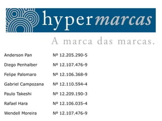 Anderson Pan		Nº 12.205.290-5 Diego Penhalber	Nº 12.107.476-9 Felipe Palomaro		Nº 12.106.368-9 Gabriel Campozana	Nº 12.110.594-4 Paulo Takeshi		Nº 12.209.190-3 Rafael Hara		Nº 12.106.035-4 Wendell Moreira	Nº 12.107.476-9 